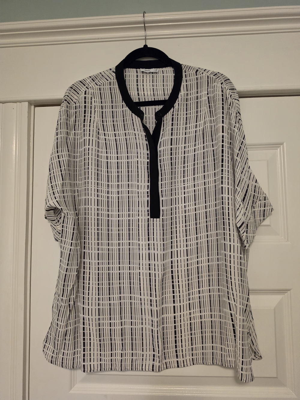 Vince Black & White Grid-Print V-Neck Tunic Blouse